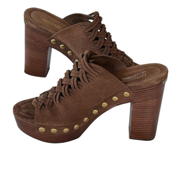 Michael Kors Shoes - Michael Kors Brown Suede Mules with Gold Accents High Heels Size 6